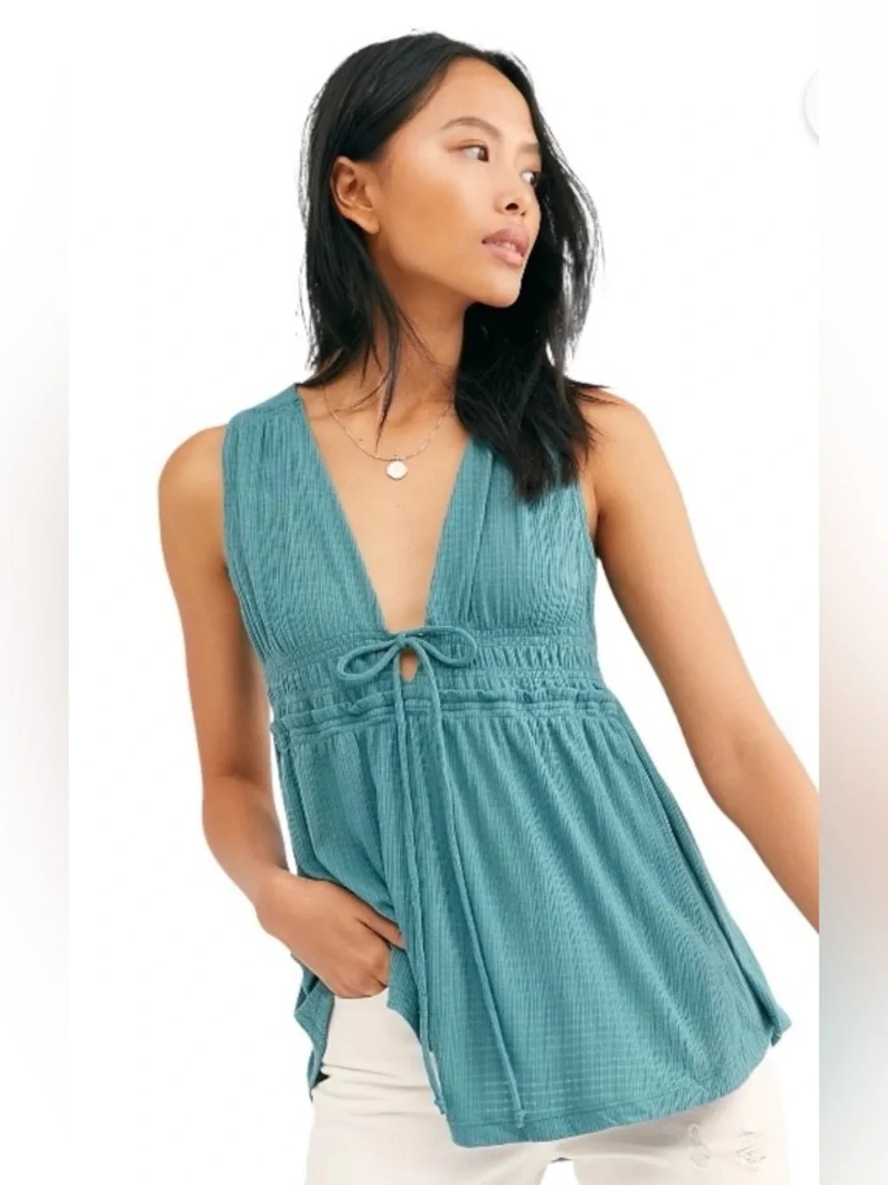 Free People Beach Bound Plunging Deep V-Neck Tank Top Teal Babydoll Size M